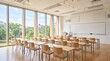 © Fiverr/fazilazia703 - Bright modern classroom with empty wooden desks and chairs, featuring large floor-to-ceiling windows looking onto green trees, flooded with natural sunlight for a clean, academic learning space.