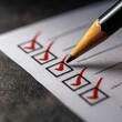 © Sathiya - Close-up of Checklist with Checked Boxes and Pencil on Dark Surface