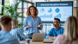 © Nataliya - Faceless employee wellbeing program overview displayed on digital screen during HR presentation in modern corporate training room, wellbeing communication concept, corporate