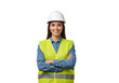 © AqsaiQbal - Female construction worker wearing safety gear. Young woman in hard hat and reflective vest. on white background , Isolated on Transparent Background, PNG, Generative AI