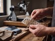 © AdPremium - Artisan hands wrapping a 3D printed lattice structure with natural jute twine in a modern workshop setting with a CNC machine in the background