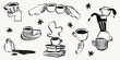 © Olga Rai - Quirky cafe doodles featuring coffee cups, latte and espresso. Hand-sketched breakfast beverage icons in retro style perfect for menu design projects. Grunge textured Vector Illustration