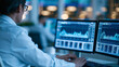 © Laura - Faceless financial analyst reviewing AI-generated investment recommendations on a dual monitor setup in a modern trading office, defocused trading office in background, AI