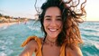 © pinkrabbit - closeup shot of a good looking female tourist. Enjoy free time outdoors near the sea on the beach. Looking at the camera while relaxing on a clear day Poses for travel selfies smiling happy tropical