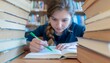 © dwphtra - Young girl student writing at desk surrounded by tall stacks of books