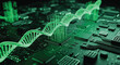 © 2025 - Green DNA helix, circuit board, biotechnology concept, genetic engineering, microchip