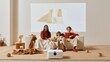 © Ryzhkov - Contemporary home cinema projector setup with a smiling family on a neutral sofa, enjoying a cozy movie night with popcorn and warm textures for lifestyle and technology concepts