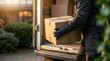 © your picture - Delivery service and logistics worker carrying cardboard box package from commercial truck for ecommerce distribution