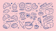 © BUSY ROOH - Hand drawn bakery doodles vector set, blue line art pastry and bread illustrations, cute baking icons for cafe menu and kitchen decor isolated PNG with Transparent Background