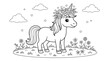 © saidur345 - Adorable standing unicorn with floral wreath and clover leaves in sunny meadow line art drawing for kids coloring pages and artistic creative projects