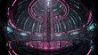 © Miftakhul - Intricate futuristic industrial interior with neon pink and cyan lighting, circular metal structures, ideal for technology, science fiction and industrial design