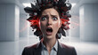 © Miftakhul - Woman's head exploding with dark crystals and glowing red energy, symbolizing mental overload, ideal for stress management, burnout awareness and mental health campaigns