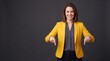 © Creative Store - A woman wearing a bright yellow blazer and a gray blouse stands against a dark gray ad social media download thambnail template event festive festival 2026 2027 2028