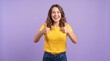 © Creative Store - A young woman with wavy brown hair wearing a yellow t-shirt and blue jeans, smiling broadly ad social media download thambnail template event festive festival 2026 2027 2028