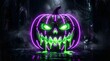 © Sikder - Glowing neon jackolantern with green slime in dark rainy street