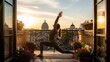 © huhu - Woman doing yoga on balcony at sunrise with city view.