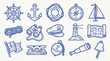 © zainab - Collection of nautical and maritime icons and symbols in a hand-drawn doodle style.