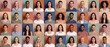 © itlada - Diverse multiethnic people portraits grid in a panoramic collage format, showcasing smiling faces of various ages and ethnicities on colorful backgrounds for global community marketing