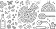 © MD - Hand Drawn Pizza Making Doodle Vector Set with Brick Oven, Ingredients, Olive Oil, Cutter, and Sliced Pizza Elements for Pizzeria Menu Designs