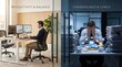© Zohaib Graphics - Professional office employee showing productivity and balance on one side while experiencing extreme stress and chaos with heavy workloads on the other side of this split screen composition featuring
