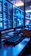 © Budi - Software developer typing on mechanical keyboard with blue code on triple monitor setup, cybersecurity, data analysis, network monitoring