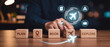 © Being Imaginative - Online flight booking and travel planning concept with wooden blocks and digital icons