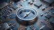 © Yusuf - Technology navigation compass over circuit board with blue and orange lines