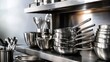 © xuxu - Professional stainless steel kitchenware on shelves in a commercial restaurant setting, ready for use
