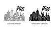 © sifu - Cityscape with Racing Flag: An illustration of a cityscape featuring a mix of modern skyscrapers and traditional buildings, topped with a checkered racing flag, representing progress and competition.
