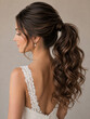 © yuliachupina - Bridal hairstyle with long curly ponytail on a woman wearing a lace dress