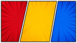 © Kevin - 3 Sections Comic Book Triptych Background with Red, Yellow, and Blue Radial Bursts, Halftone Dots, Bold Black Borders, and Dynamic Pop Art Energy for Posters, Banners, YouTube Thumbnail