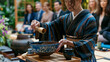 © Maksym - Tea ceremony host preparing matcha for small group of corporate visitors seated in formal tearoom, hospitality cultural exchange wellness mindfulness executive retreat Japan business etiquette .ultr