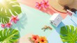 © detry26 - Tropical flat lay composition with toy house model and for sale sign. Wooden keys tagged sold amid monstera leaves, frangipani flowers, hibiscus blooms, straw hat