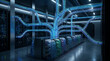 © nazrulislamArt - Tree like branching network of glowing neon conduit pipes connected to colorful supercomputing server enclosures inside dark data center facility AI Generated Illustration