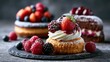 © Chingiz - Sweets and cakes sat on a gray surface.