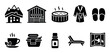 © Khmel - Spa and wellness icons collection featuring mountain lodge, sauna, hot tub, bathrobe, slippers, tea, essential oil, and lounge chair for relaxation.