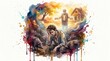 © Xenia - Prodigal son sitting with pigs dreaming of home. Biblical parable watercolor illustration. Sad young man and welcoming father concept