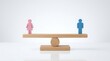 © Panpatsa - Equal rights and gender equality represented by balanced pink and blue human figurines on a wooden lever.