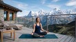 © firdol - Serene Woman Meditating on Luxury Chalet Balcony with Breathtaking Snowy Mountain Vista
