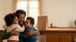 © Danielen - Joyful Reunion: A father embraces his two young children with immense happiness and love, celebrating a warm reunion at home with a gift bag nearby.