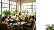 © Bos Amico - Diverse Team Collaboration in Bright Office: A group of diverse professionals engaged in an active discussion in a well-lit, plant-filled modern office space.