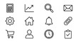 © Kesya - Clean Minimalist Black and White Icons Set Featuring Calculator Chart Magnifying Glass Envelope Gear House Bell Paperclip Shopping Cart Person Clock Checklist