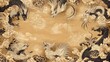 © jobim - Chinese dragon and phoenix fabric print pattern design. gold brown background. sharp focus.