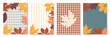 © Uliya - Autumn card template set. Four vertical layouts with textured leaves, plaid and stripes. Ideal for Thanksgiving invitation, Autumn sale,fall wedding stationery, harvest menu, poster, and web banner.