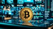 © Pamelahere - Golden bitcoin balanced on a smartphone with trading data screens