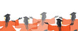 © Yasmin - Diverse female graduates in caps and gowns celebrating graduation ceremony, minimalist vector illustration banner