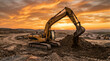 © Dinar - Excavator working at construction site during sunset. Heavy machinery for earthmoving and mining. Industrial development project with yellow equipment in quarry. Infrastructure building process.