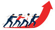 © Sima - A diverse team of business professionals working together to push a large red arrow upwards, symbolizing collective effort, growth, and success in a corporate environment, vector illustration.