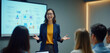 © Pete - Asian female software engineer explains cloud architecture scheme to diverse team in modern office. Pro woman wears glasses, navy blazer presenting digital network infrastructure plan on large
