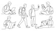 © Aka - Set of black line drawing people silhouettes including travelers and office workers, daily life poses, urban lifestyle illustration, architecture